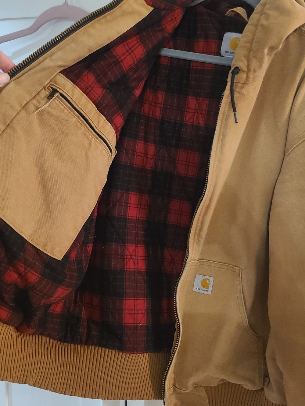Carhartt Tan Hooded Work Jacket with Red Plaid Lining - Picture 2 of 8